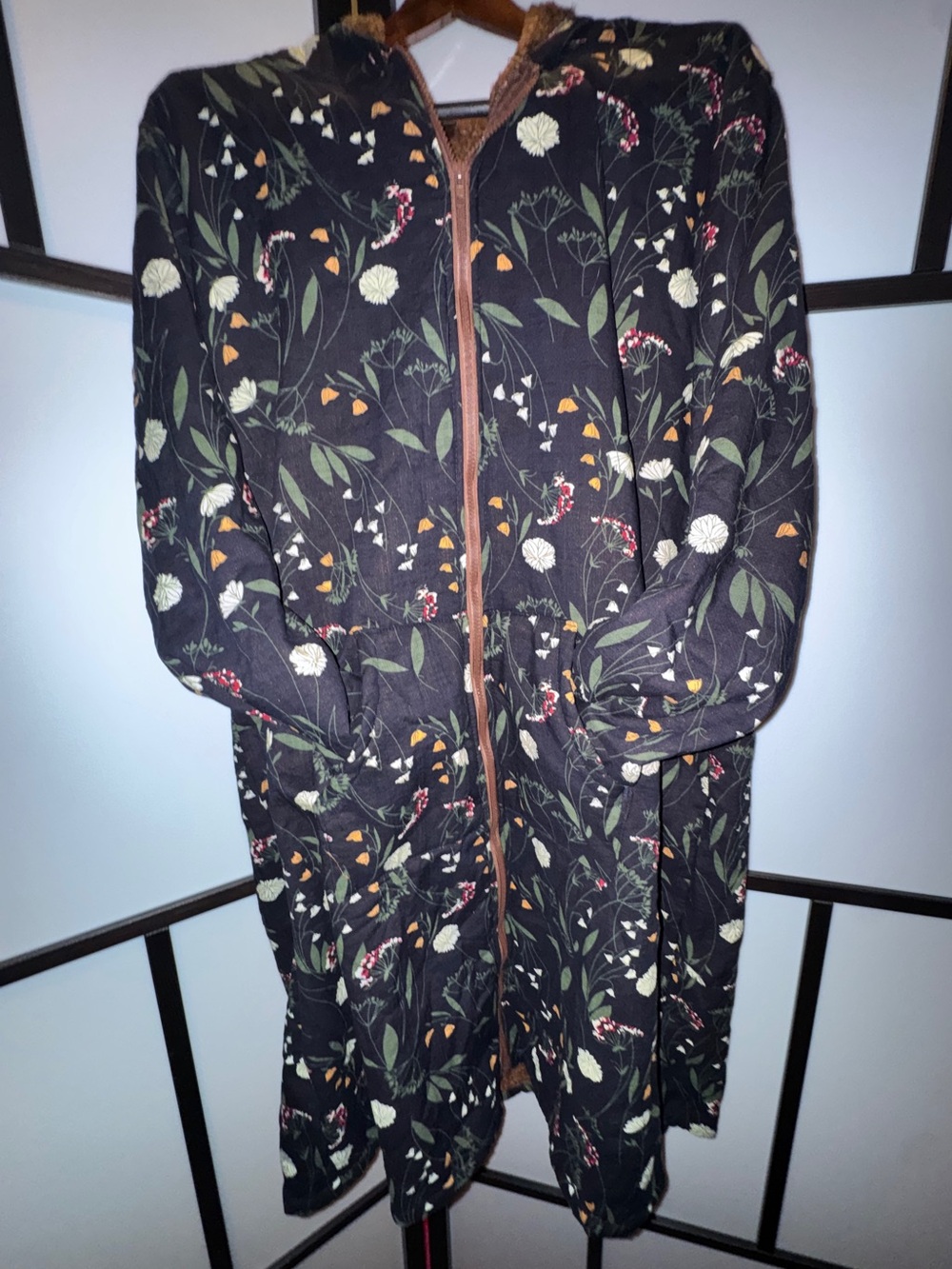Black Floral Zip-Front Faux Fur Maxi Coat 4X